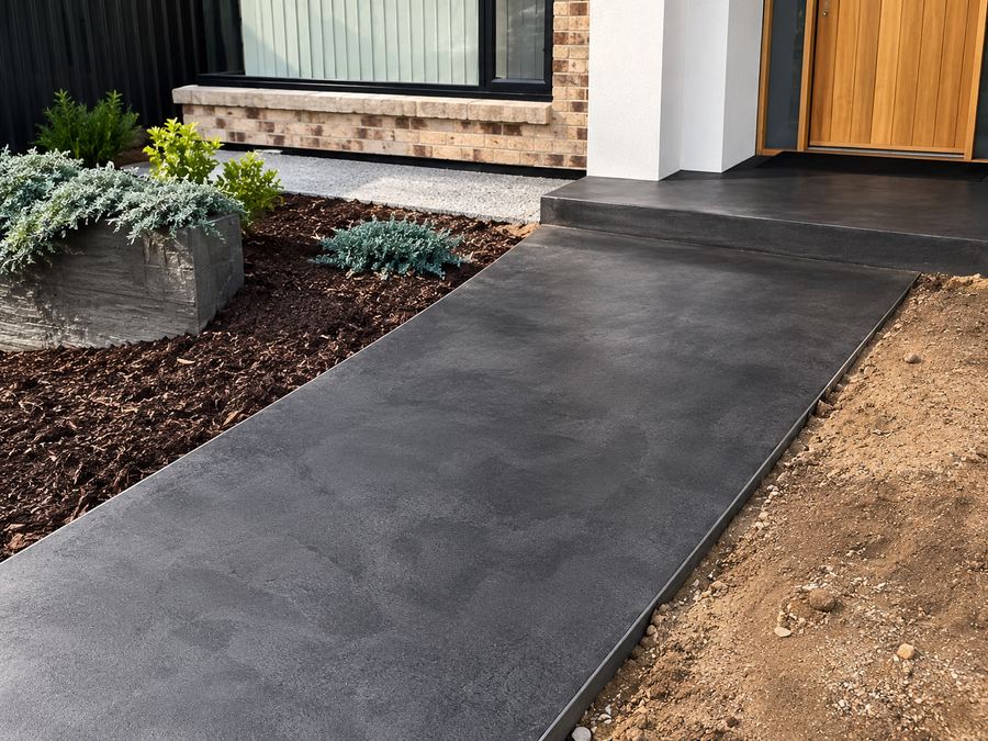 Charcoal coloured concrete footpath and entry